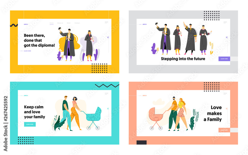 Education and Graduation Concept Landing Page. Happy Graduated Students with Diploma. Young Couple Walking with Baby Stroller Website Banner. Vector flat illustration