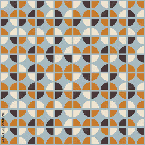 Geometric seamless pattern. Vector background with simple shapes like semi cirles and squares in neutral muted pastel colors.