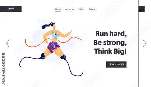 Disabled Woman Character Running Landing Page Template. Female Runner with Prosthesis. Paralympic Athlete Runs Marathon. Disability Sport Concept Website Banner. Vector flat cartoon illustration