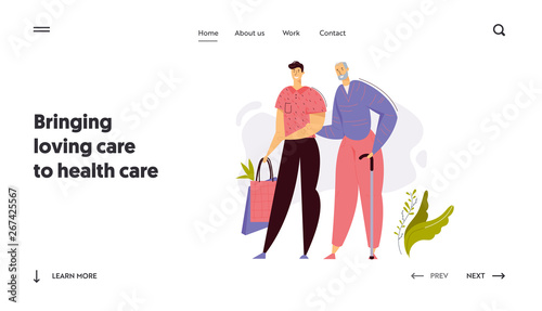 Young Man Helps Elder Senior with Shopping Landing Page. Social Worker with Old Man Character. Elderly Concept Health Care Assistance Website Banner Template. Vector flat cartoon illustration