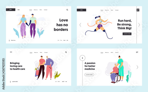 Disabled People Characters with Prosthesis Landing Page Template. Elderly People in Nursing Home with Nurse. Caring for Senior Patient in Clinic Website Banner. Vector flat illustration