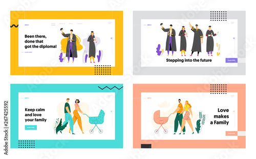 Education and Graduation Concept Landing Page. Happy Graduated Students with Diploma. Young Couple Walking with Baby Stroller Website Banner. Vector flat illustration © Hanna Syvak