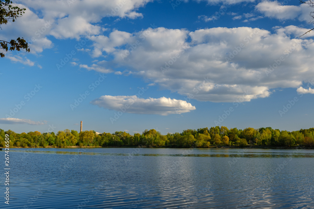Fototapeta premium sunny summer day by the lake with blue water and white clouds in the sky