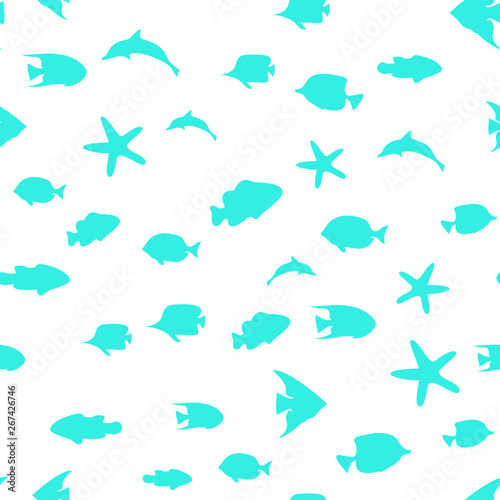 Underwater world in deep ocean. Silhouette of different fishes. Seamless vector EPS 10