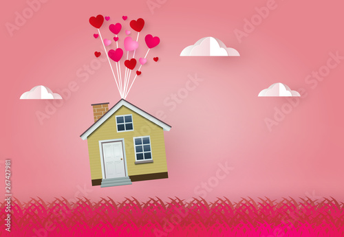 flying House with hearts. Happiness Loving House paper cut