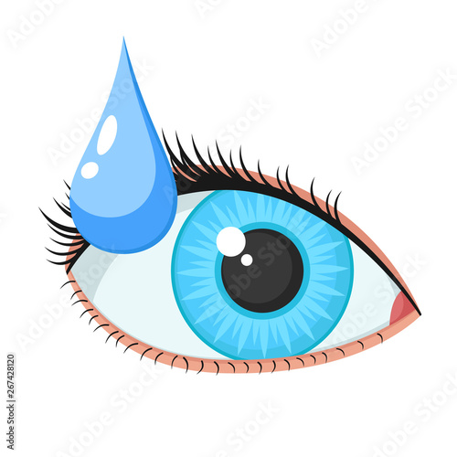 Female eye and drop on a white background. Medicinal drops.