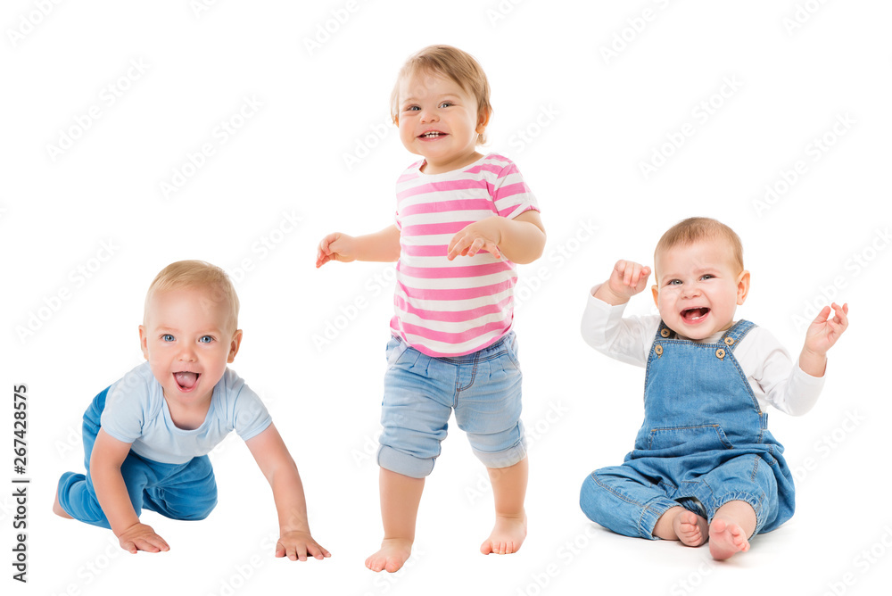Babies Boys Girls, Crawling Sitting Standing Infant Kids, Growing Toddlers Children Group Isolated on White Background, One year old Babies Boys Girls, Crawling Sitting Standing Infant Kids, Growing Toddlers Children Group Isolated on White Background, One year old