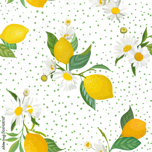 Seamless Lemon pattern with tropic fruits, leaves, daisy flowers background. Hand drawn vector illustration in watercolor style for summer romantic cover, tropical wallpaper, vintage texture