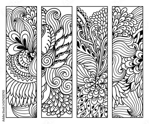 Bookmark for book - coloring. Set of black and white labels with floral doodle patterns, hand draw in mehndi style. Sketch of ornaments for creativity of children and adults with colored pencils.