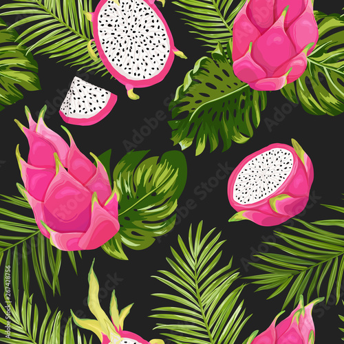 Seamless exotic watercolor dragon fruit pattern, pitaya background with palm leaves in watercolor style. Vector illustration