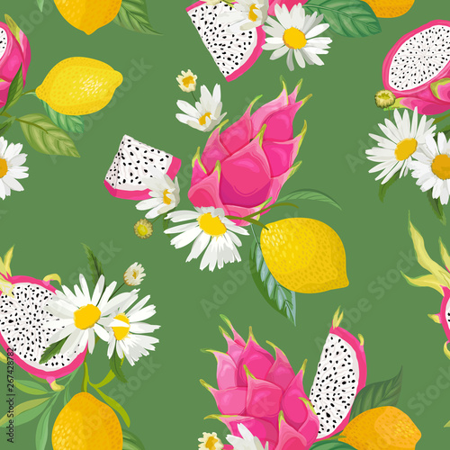 Seamless pattern with dragon fruits, pitaya, citrus lemon and daisy flowers background. Hand drawn vector illustration in watercolor style for summer romantic cover, tropical wallpaper texture
