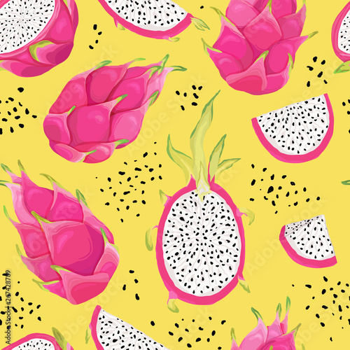Seamless pattern with dragon fruits, pitaya background. Hand drawn vector illustration in watercolor style for summer romantic cover, tropical wallpaper, vintage texture