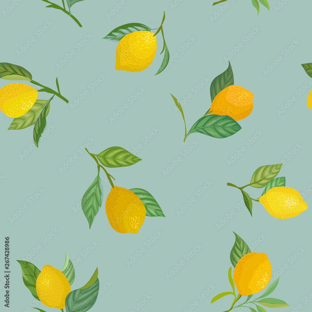 Seamless Lemon pattern with tropic fruits, leaves, flowers background. Hand drawn vector illustration in watercolor style for summer romantic cover, tropical wallpaper, vintage texture Seamless Lemon pattern with tropic fruits, leaves, flowers background. Hand drawn vector illustration in watercolor style for summer romantic cover, tropical wallpaper, vintage texture