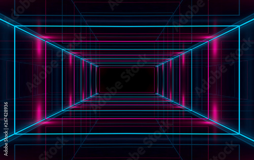 Dark abstract futuristic background. Neon lines and shapes. Neon glow and rays on a dark background