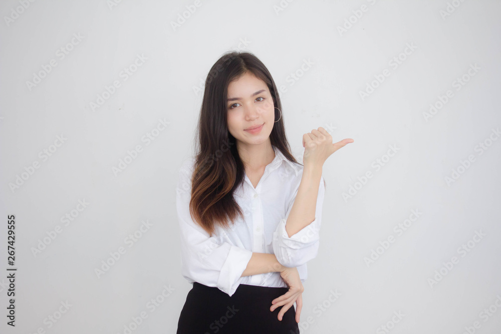 Portrait of thai adult student university uniform beautiful girl pointing Portrait of thai adult student university uniform beautiful girl pointing