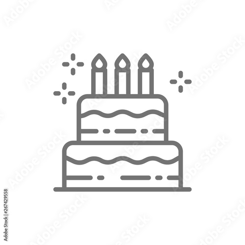 Birthday cake, holiday torte, sweet line icon.