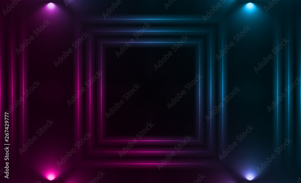 Dark abstract futuristic background. Neon lines and shapes. Neon glow and rays on a dark background