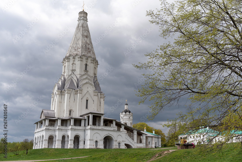 Church of the Ascension in Kolomenskoye, dramatic sky. Moscow, Russia