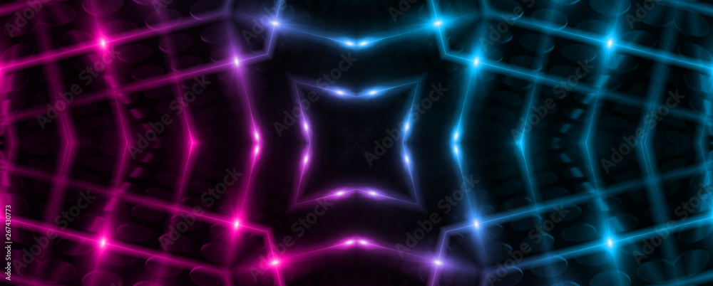 Obraz premium Dark abstract futuristic background. Neon lines and shapes. Neon glow and rays on a dark background