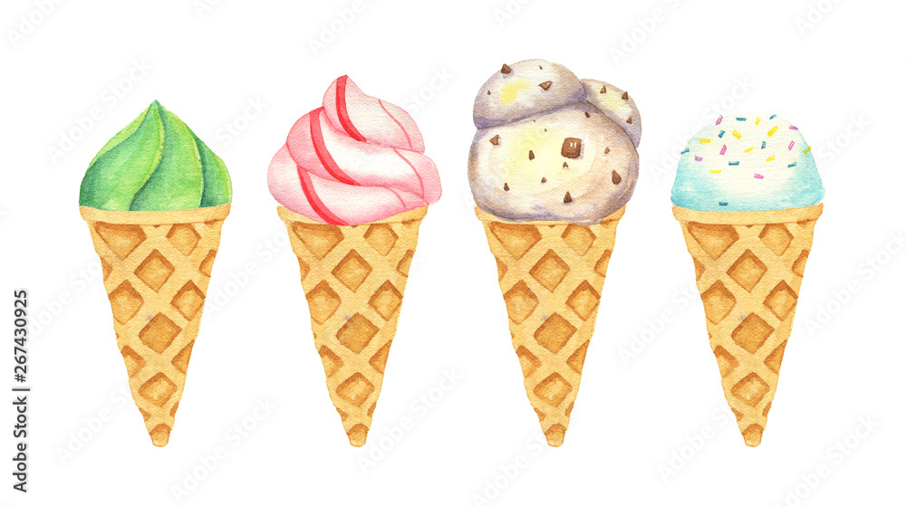Watercolor isolated illustration of ice cream cones