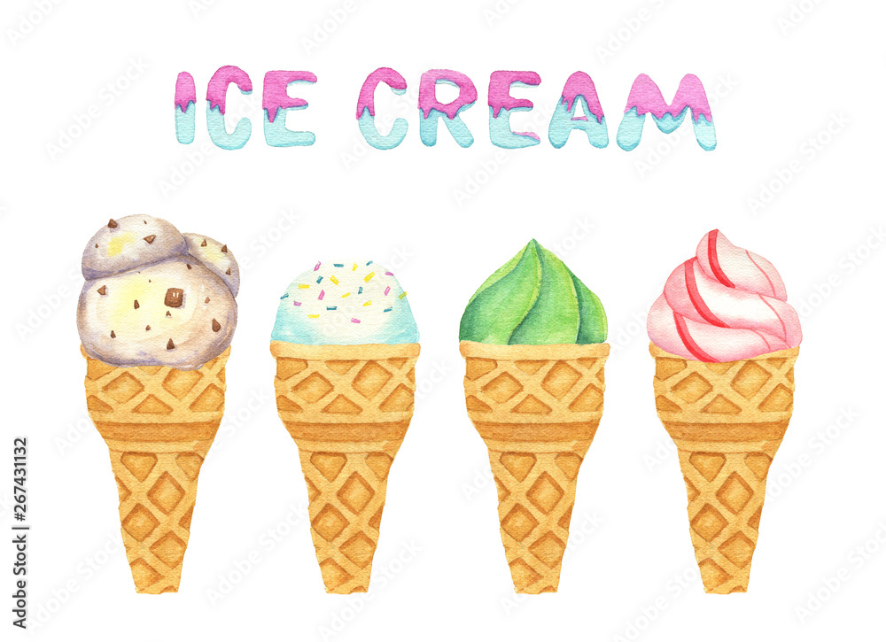 Watercolor isolated illustration of ice cream cones. lottering Watercolor isolated illustration of ice cream cones. lottering