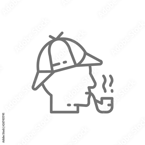 Detective, Sherlock Holmes with smoking pipe line icon.