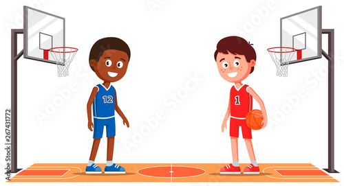 basketball court with basketball players. 