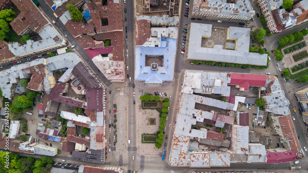 Fototapeta premium Aerial photo of chernivtsi Buildings and street of European city