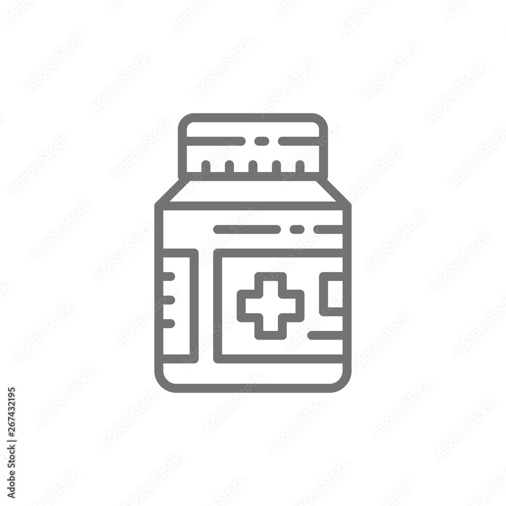 Medical jar with pills and drugs line icon. Medical jar with pills and drugs line icon.