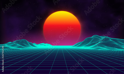 Retro background futuristic landscape 1980s style. Digital retro landscape cyber surface. Retro music album cover template sun, space, mountains . 80s Retro Sci-Fi Background Summer Landscape.