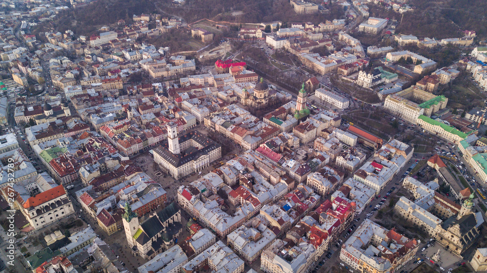 Top view from of the city hall on houses in Lviv, Ukraine. Lviv old town from above.