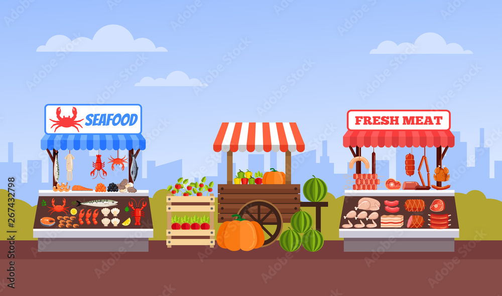 Street food market vegetable fruits meat and fish. Vector flat cartoon  graphic design illustration Stock Vector | Adobe Stock