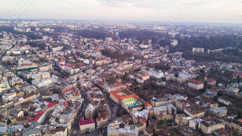 Aerial view of Lviv city historical center. Lviv city center in Western Ukraine from above