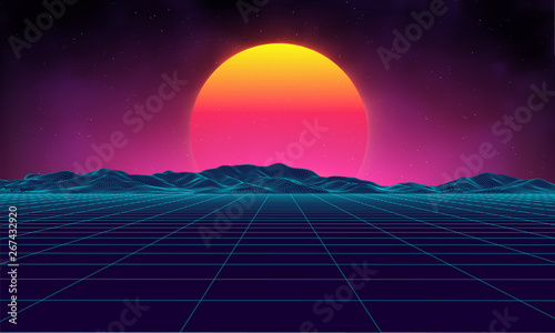Retro background futuristic landscape 1980s style. Digital retro landscape cyber surface. Retro music album cover template sun, space, mountains . 80s Retro Sci-Fi Background Summer Landscape.