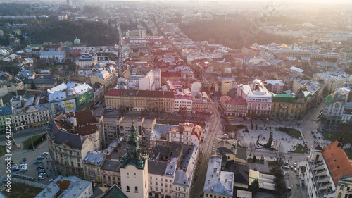 Lviv streets from above. Aerial view to the city historical center of Lviv, Ukraine.
