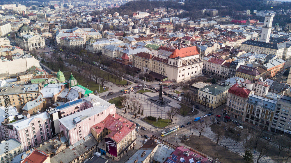 Aerial view of the historical center of Lviv, Ukraine. UNESCO's cultural heritage. Shooting with drone
