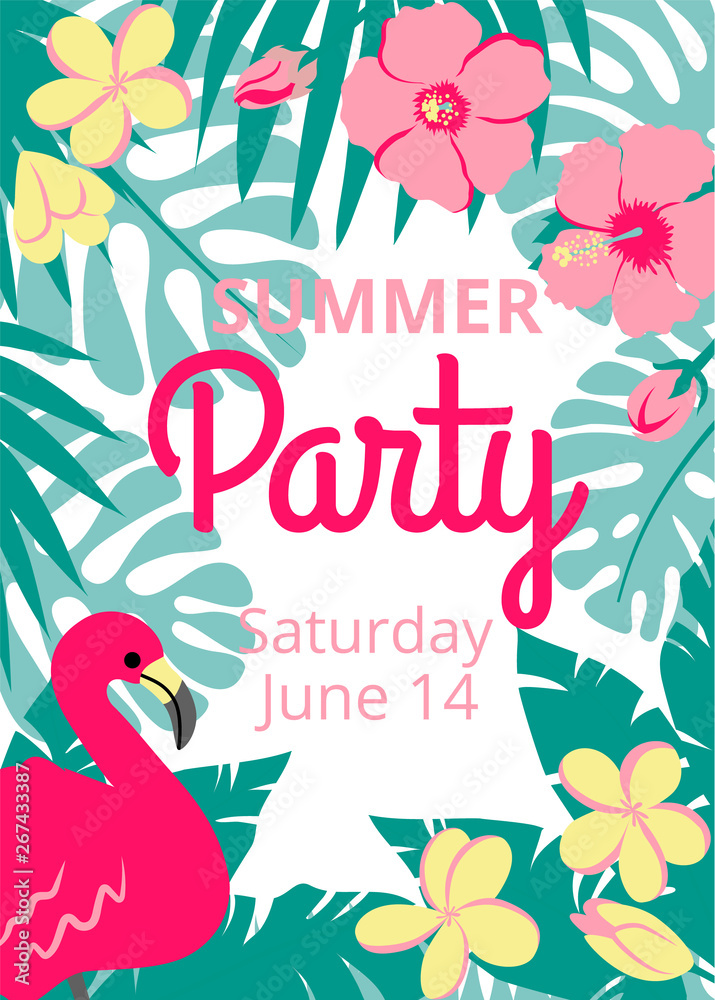 Naklejka premium Summer card with flamingo, palm leaves and tropical flowers