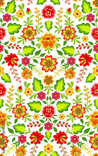 Mexican colorful bright floral ornament on black background