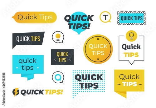 Advice shapes. Quick tips helpful tricks emblems and logos, tip reminder banner design helped information. Vector set of helpful advices badges photo