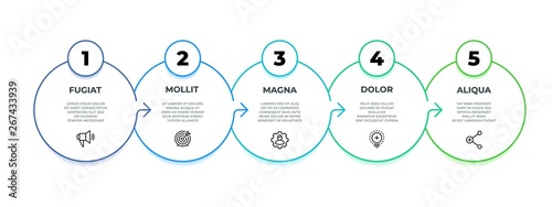 Process flow infographic. 5 steps graphic diagram, circle line business presentation template. Vector 9 options infographic circles presentations
