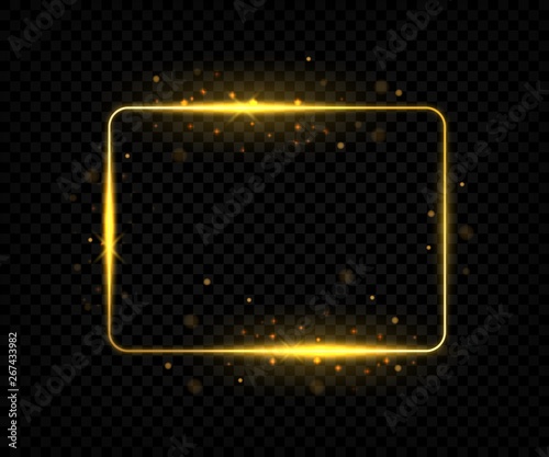 Golden square frame. Shining border lines with flares and sparkles, yellow rectangle shape with glowing effect. Vector golden sign on black backgrounds