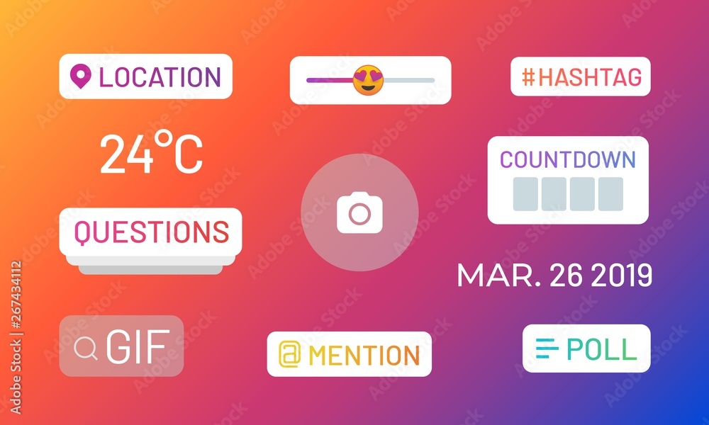 Instagram stories polls. Social media icons and functional stickers,  hashtag location mention poll slider. Vector stories popular UI elements  vector de Stock | Adobe Stock