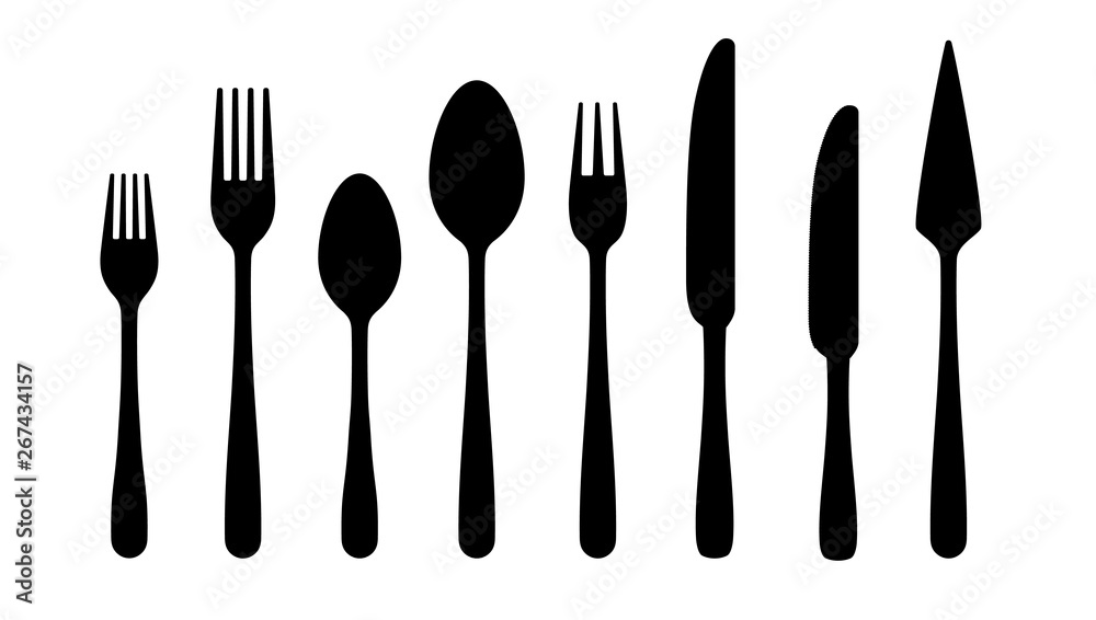 Cutlery silhouettes. Fork spoon knife black icons, silverware silhouettes  on white background. Vector cutlery set for serving illustration Stock  Vector | Adobe Stock