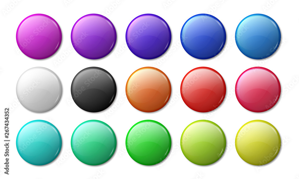 Round badge mockup. Circle magnet 3D badge, simple glossy plastic or metal labels. Vector realistic multicolor circles magnet blank tags Round badge mockup. Circle magnet 3D badge, simple glossy plastic or metal labels. Vector realistic multicolor circles magnet blank tags