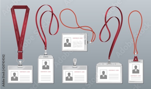 Realistic lanyard badge. Employee identification tag, blank plastic ID card holders with neck lanyards. Vector personal office pass holder pass name