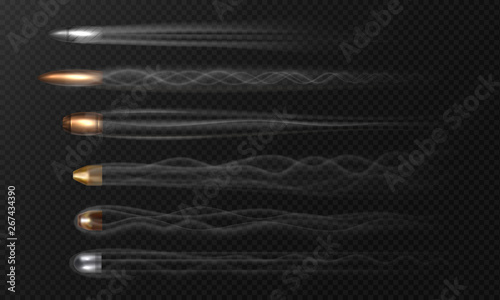Realistic flying bullet. Smoke traces isolated on transparent background, stop motion different fired bullets. Vector gun shot smoke illustration traces