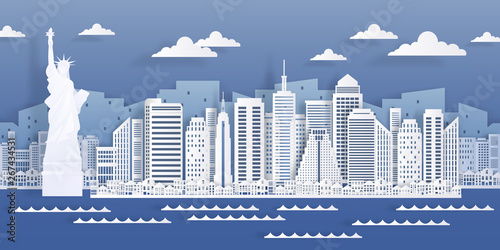 New York paper landmark. USA city skyline view, modern cityscape in origami style. Vector white paper cut business skyscraper buildings
