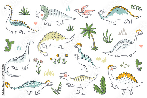 Trendy doodle dinosaurs. Cute outline dino babies set, funny cartoon dragons and Jurassic dinosaurs. Vector prehistoric lizards illustration