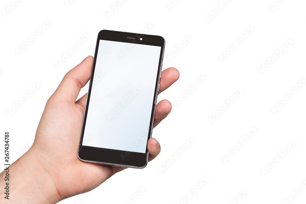 mock up teléfono móvil  para diseñadores gráficos, e fondo blanco. pantalla negra y blanca. Insertar texto