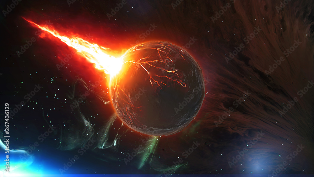 3D  rendered realistic burning planet set on fire . end of the world graphic presentation in space 